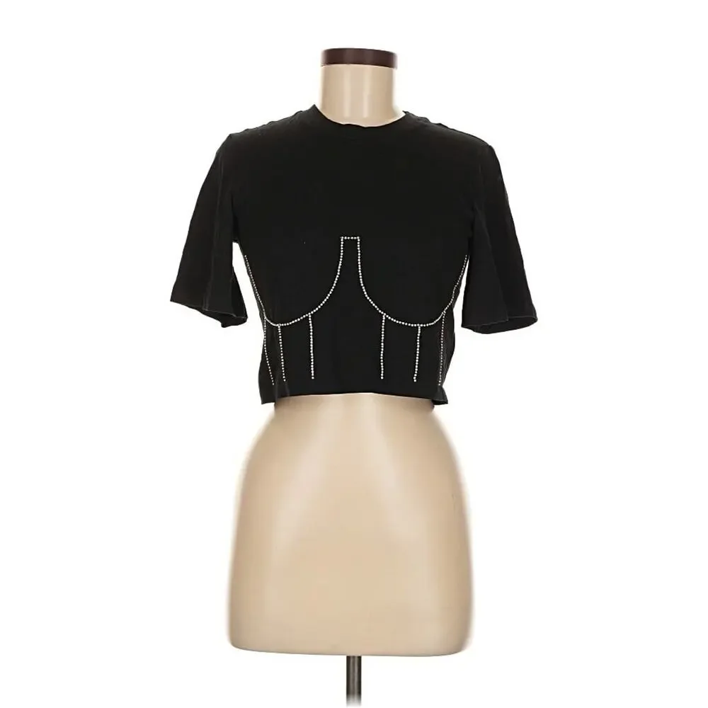 Sandro Strassy Bustier Cropped Tee Black Cotton Rhinestones Paris Medium - Picture 2 of 5